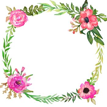 watercolor flower frame circle. Wreath with flowering branches. botanical illustration.