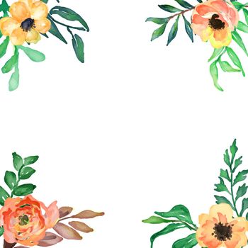 Watercolor wreath design with flowers and leaves on white background. Suitable for wedding card designs, invitations, Save the date.