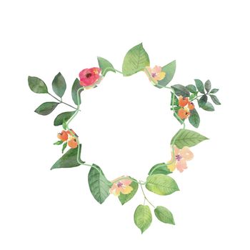 watercolor flower frame circle. Round leaf and flower design on white background. All elements are isolated .