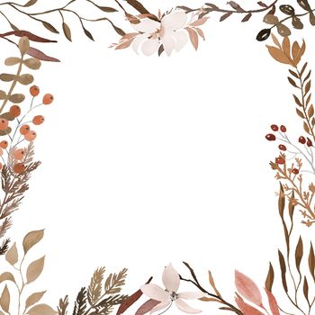 watercolor flower frame border with flowers and leaves. Spring ornament concept. Flower poster, invitation. Decorative greeting card layout or invitation design background
