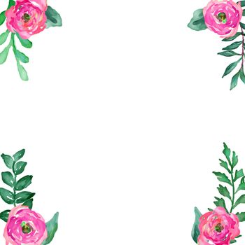 watercolor flower frame backgrounds. Wedding invitation, flowers, petals and herbal bouquets with green foliage. graphics.