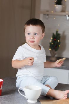 The kid eats Christmas cookies in the kitchen with New Year's decor. A series of photos from everyday life in a real interior