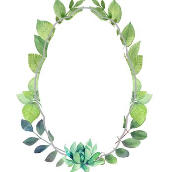 watercolor flower frame oval. Wedding invitation frame, flowers, leaves, watercolor, isolated on white. Sketch of a wreath, a bouquet of flowers in green