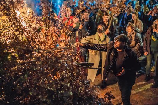 Montenegro, Budva 7.01. 2021: Christian Christmas in Montenegro, the feast of the oak branch. People burn an oak branch in honor of Christmas.