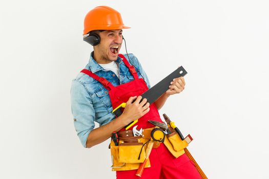 Male worker with headphones over white background