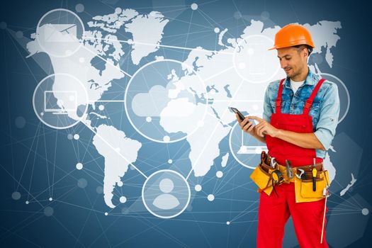 construction man phone world map