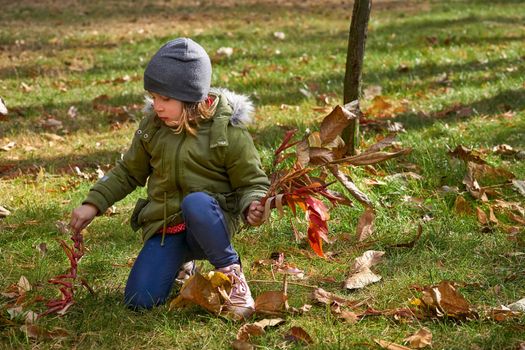 Autumn is the most colorful time of the year from all seasons,golden colors. Child in green jacket collects a bouquet of autumn colorful leaves for mom