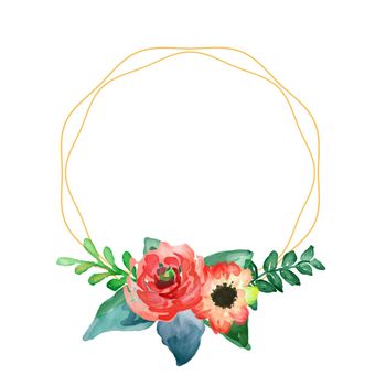 watercolor flower frame circle. Watercolor wreath with flowers and leaves. illustration