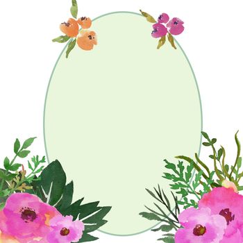 watercolor flower frame oval. Cute wreath in green and pink color illustration in watercolor style.