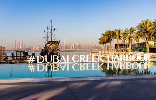 Dubai, UAE - 02.11.2022 - Replica of Black pearl pirate ship, used as a floating restaurant and docked in Dubai creek harbor.