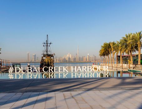 Dubai, UAE - 02.11.2022 - Replica of Black pearl pirate ship, used as a floating restaurant and docked in Dubai creek harbor.
