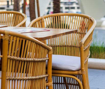 Close up shot of outdoors wicker furniture