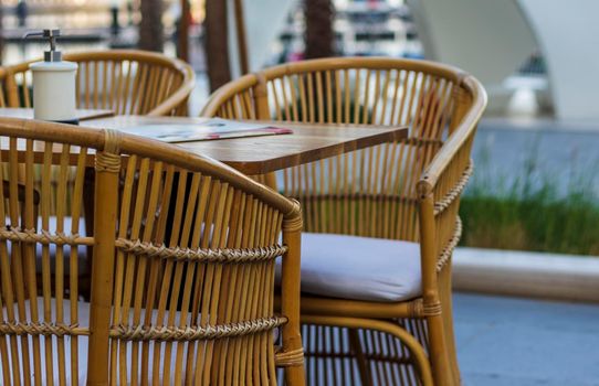 Close up shot of outdoors wicker furniture