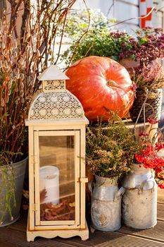 Seasonal home garden autumn decoration with heather flower in pine bark flower pot, pumpkins and lantern with candle illuminated.