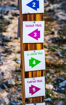 signboard with directions of the trails in the Jebel Jais mountains