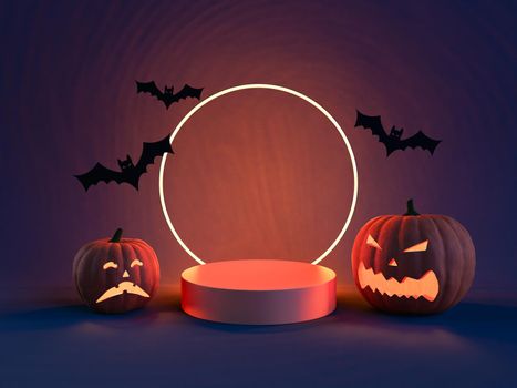 3D rendering of spooky jack o lanterns and artificial bats placed on table near illuminated neon ring and stand