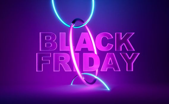 Creative 3D rendering of Black Friday inscription illuminated with neon rings against purple background