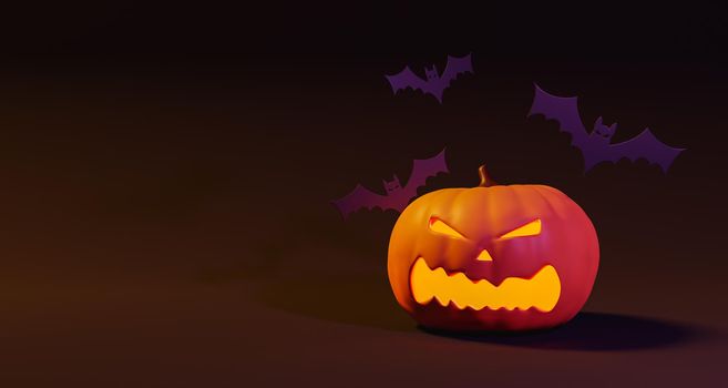 3D rendering of jack o lantern with angry face and bats against brown background during Halloween celebration