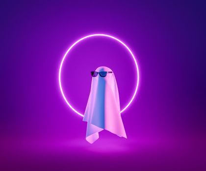 Creative 3D rendering of ghost in dark sunglasses levitating against bright purple background with illuminated neon circle