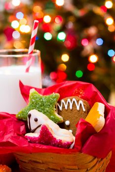 Assorted christmas cookies on red background.