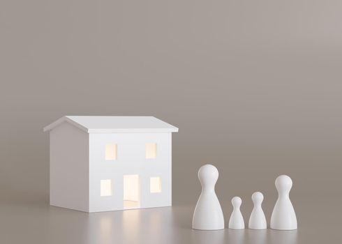 House and family figures on beige background. Insurance, homeless support, adoption concept. Buy or build a house. New property, mortgage, real estate. Home for sale. Copy space. 3d rendering