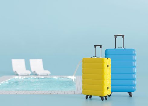 Suitcases and swimming pool on blue background. Holidays, tourism, travel. Tourists, great vacation. Relax time. Couple. Copy space for your text or logo. 3d rendering