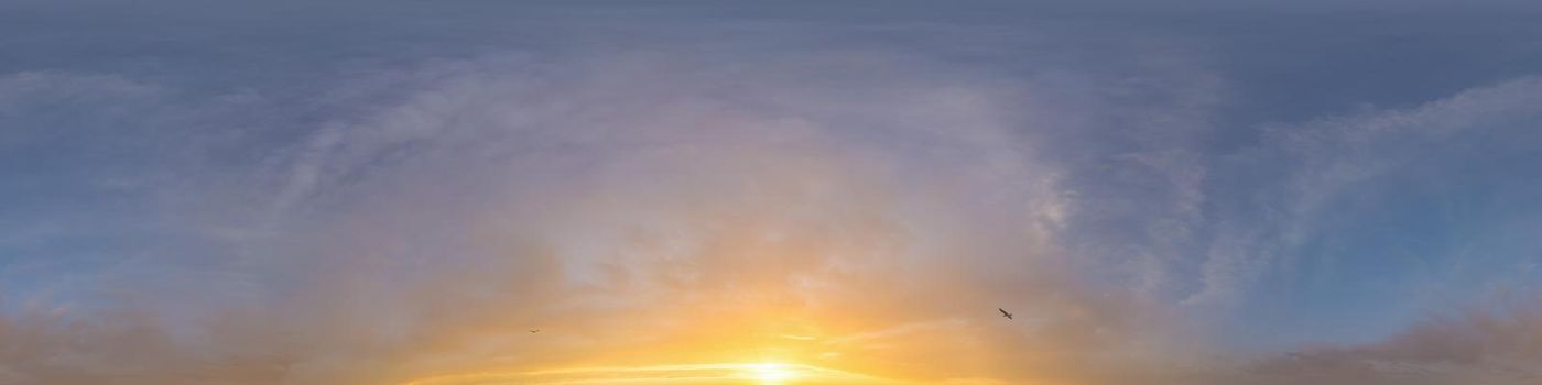 Sky panorama with Cirrus clouds in Seamless spherical equirectangular format. Full zenith for use in 3D graphics, game and editing aerial drone 360 degree panoramas for sky replacement