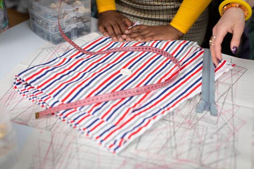 Preparation of tailoring fabric and accessories that will be used to sew the dress. Tailor shop facilities.