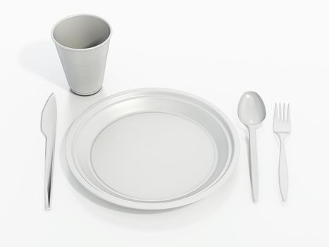 Set of plastic dishware isolated on white background. 3D illustration.