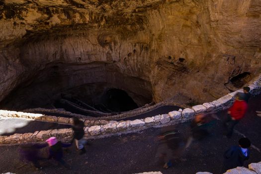 Switchback footpath winds into natural opening of Carlsbad Caverns.