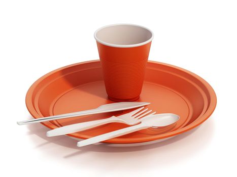 Set of orange plastic dishware isolated on white background. 3D illustration.