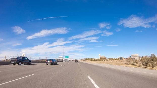 Denver, Colorado, USA-January 12, 2020 - Driving on an interstate highway in suburban America.