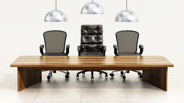 Boardroom table and chairs isolated on white background. 3D illustration.