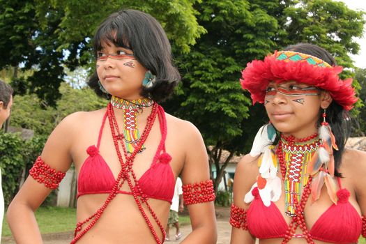 santa cruz cabralia, bahia, brazil - april 14, 2009: Indigenous people from Etina Pataxo are seen during indigenous games in the Coroa Vermelha village in the city of Santa Cruz Cabralia.