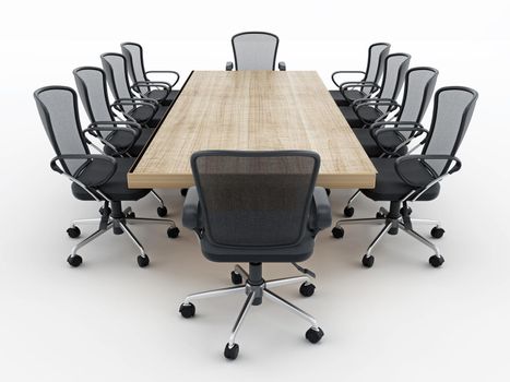 Boardroom table and chairs isolated on white background. 3D illustration.