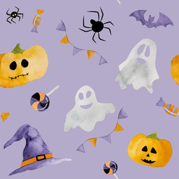 Halloween watercolor illustration wih ghosts, bats and pumpkins. Autumn october scary holiday decoration with spiders and witch hats