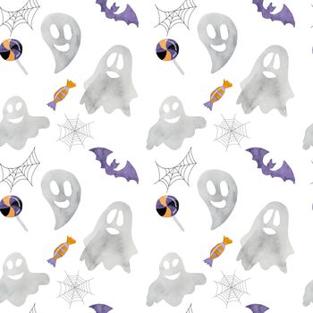 Halloween watercolor seamless pattern wih ghosts and bats on white background. Autumn october scary holiday decoration