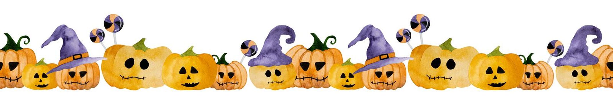 Halloween watercolor cute pumpkin illustration for funny holiday horizontal postcard. Autumn scary vegetables illustration for creepy decoration