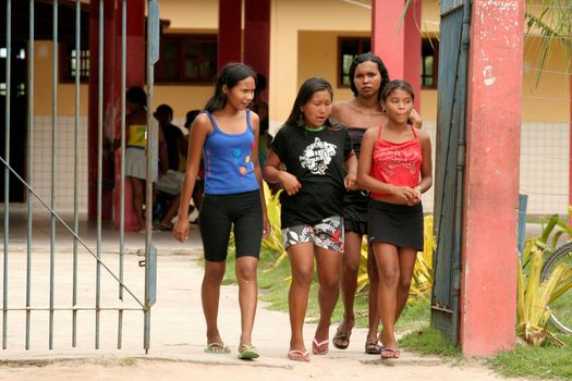 porto seguro, bahia, brazil - april 13, 2009: Indians of the Pataxo ethnicity are seen in an indigenous school in the Barra Velha Indian village in the municipality of Porto Seguro.