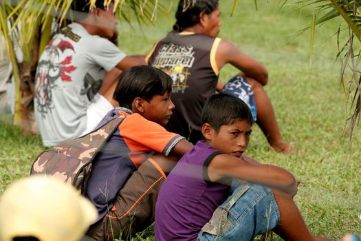 porto seguro, bahia, brazil - april 13, 2009: Indians of the Pataxo ethnicity are seen in an indigenous school in the Barra Velha Indian village in the municipality of Porto Seguro.