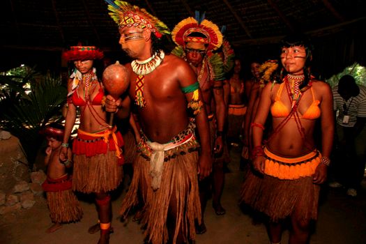 porto seguro, bahia / brazil - april 14, 2009: Indians of the Pataxo ethnicity are seen in the village of Jaqueira in the Porto Seguro municipality.