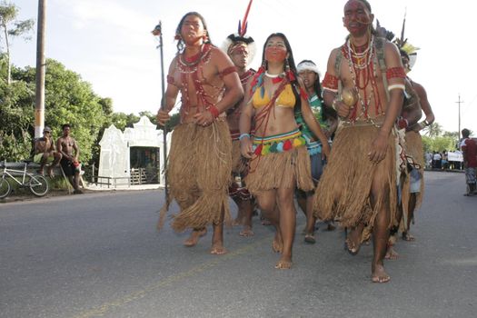 porto seguro, bahia, brazil - august 6, 2009: Indigenous people of ethnic Pataxo are seen during a protest on the BR 367 highway in the city of Porto Seguro.