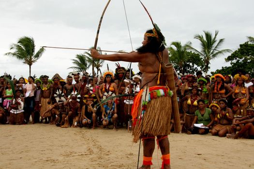 santa cruz cabralia, bahia / brazil - april 19, 2009: Pataxo Indians are seen during disputes at indigenous games in the Coroa Vermelha village in the city of Santa Cruz Cabralia.