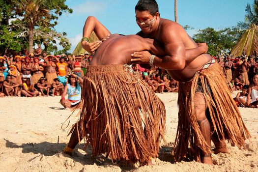 santa cruz cabralia, bahia, brazil - april 21, 2009: Pataxo Indians are seen during disputes at indigenous games in the Coroa Vermelha village in the city of Santa Cruz Cabralia.