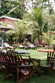 porto seguro, bahia / brazil - january 2, 2010: green area in a luxury hotel in Pria do Espelho in the city of Porto Seguro, in the south of Bahia.