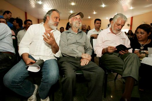 nova vicosa, bahia / brazil -  September 3, 2009: Jaques Wagener, Governor of Bahia is seen by Frans Krajcberg, artist and environmental activist at La Sitio Natura in Nova Vicosa.