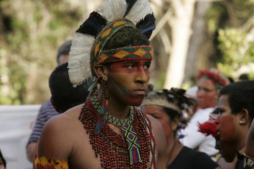 porto seguro, bahia, brazil - august 6, 2009: Indigenous people of ethnic Pataxo are seen during a protest on the BR 367 highway in the city of Porto Seguro.