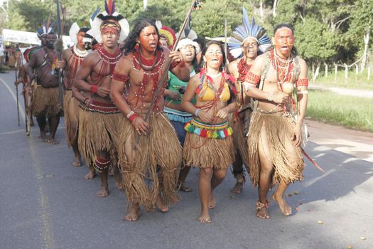 porto seguro, bahia, brazil - august 6, 2009: Indigenous people of ethnic Pataxo are seen during a protest on the BR 367 highway in the city of Porto Seguro.