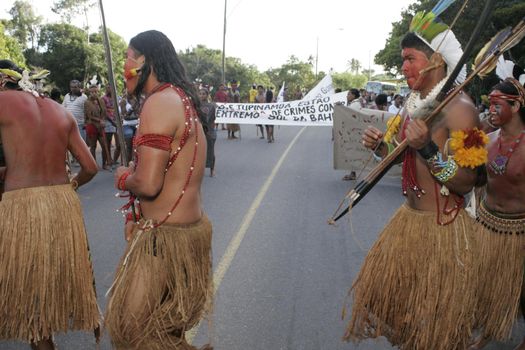 porto seguro, bahia, brazil - august 6, 2009: Indigenous people of ethnic Pataxo are seen during a protest on the BR 367 highway in the city of Porto Seguro.