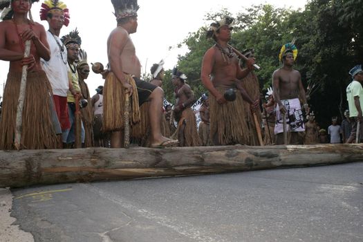 porto seguro, bahia, brazil - august 6, 2009: Indigenous people of ethnic Pataxo are seen during a protest on the BR 367 highway in the city of Porto Seguro.